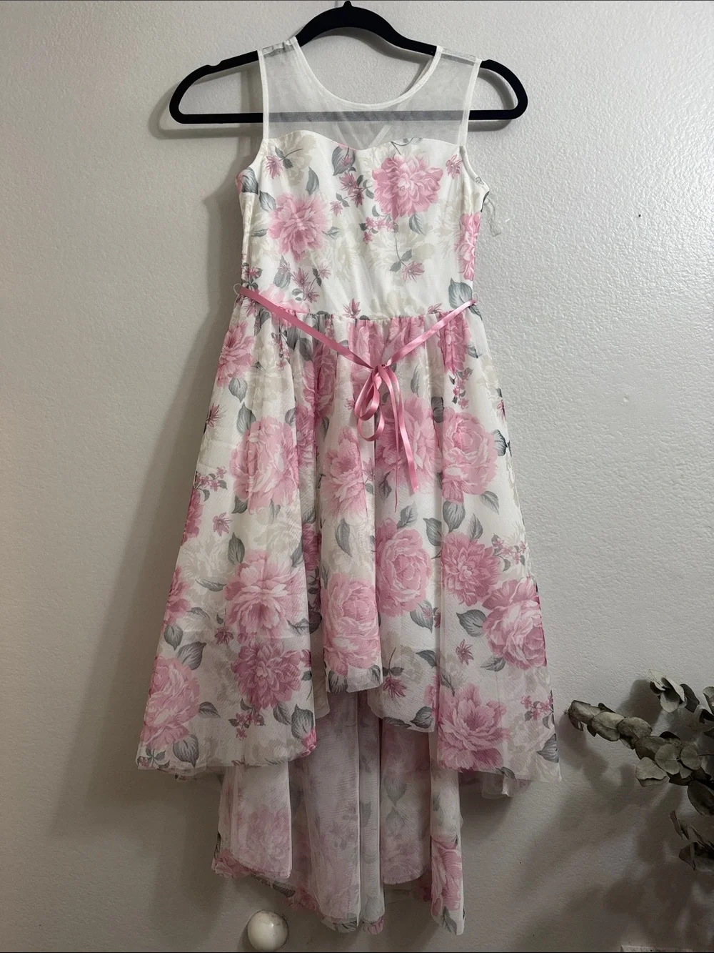 Beautees- Girls' White and Pink Floral High-Low Formal Dress with Satin Belt /10